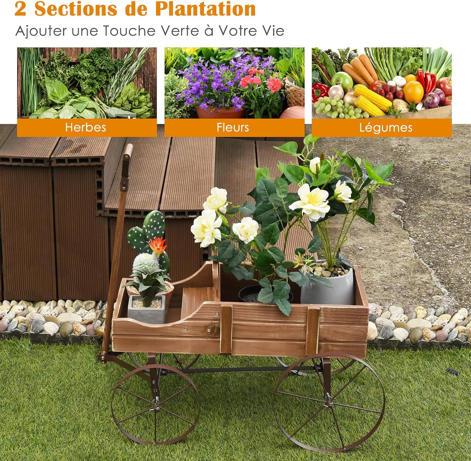 Brouette Décorative en Bois- 35×62,5×60cm- 2 Compartiments à Plantere-Jardinière Forme Brouette Chariot-Jusqu’à 15kg-Marron - 9