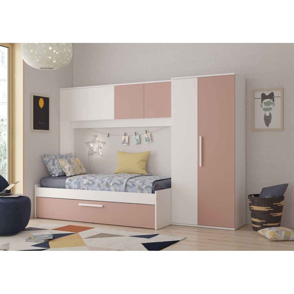 Łóźko wysuwane 2 x 90 x 200 cm - Z szafą - Różowo-białe - LUMOKA