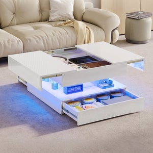 Table Basse Réglable En Hauteur, Avec 4 Tiroirs, Un Grand Et Un Petit Relevables Hydrauliques Blanc