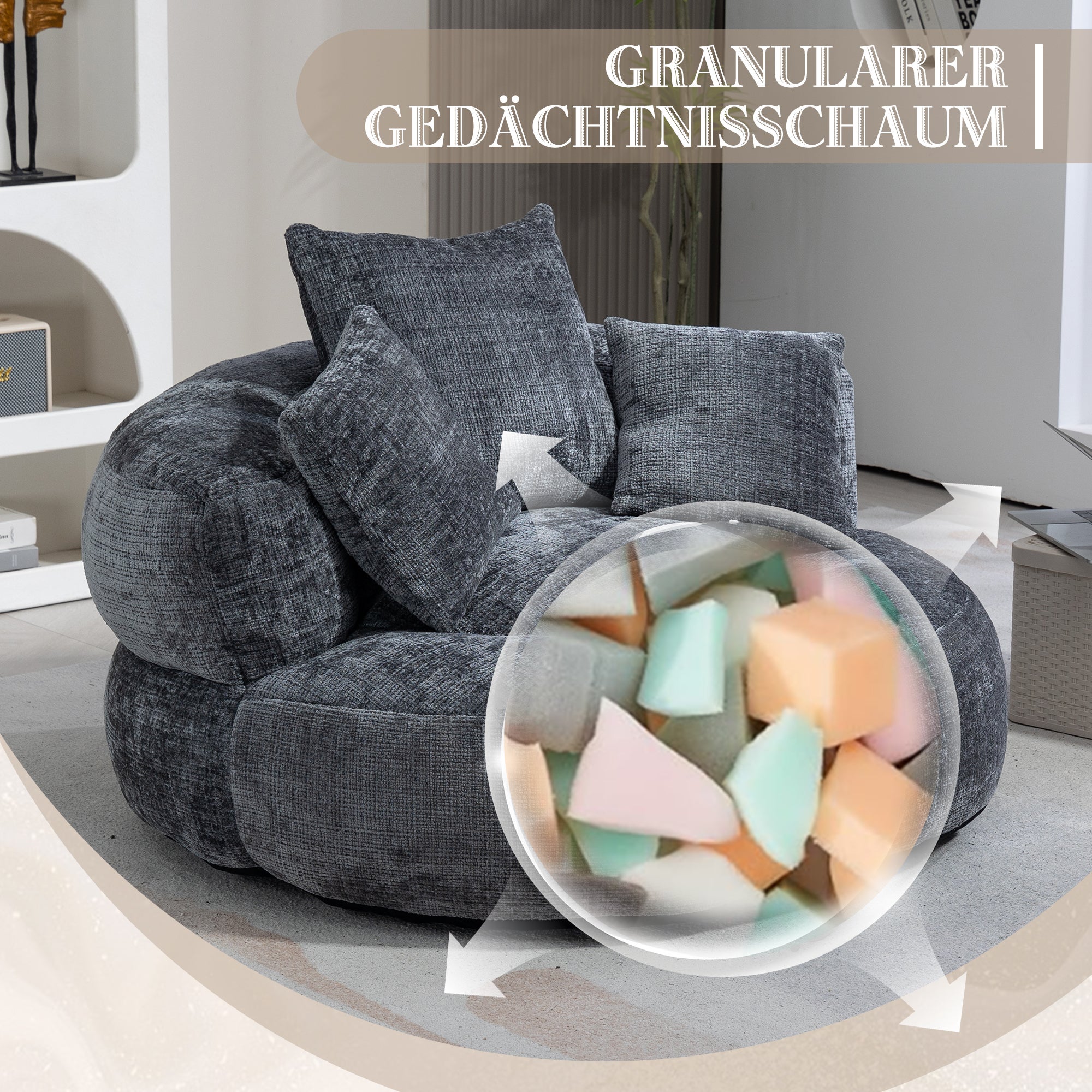 Sofá Puff Lazy Sofa Durável e Confortável com Encosto Alto e Três Almofadas para Adultos e Crianças, Ideal para Escritório (Chenille Cinza) - 3