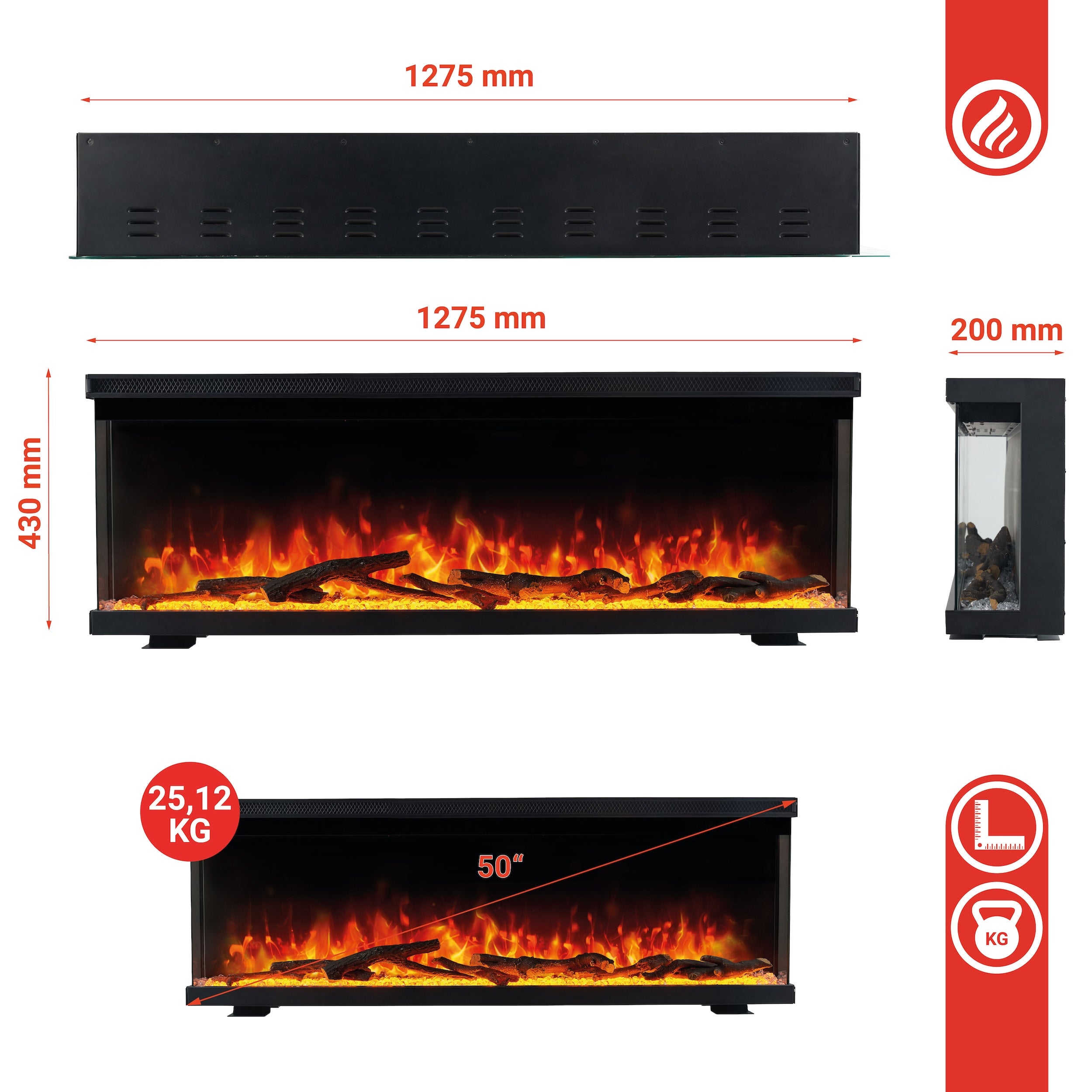 KAMINIO Chimenea eléctrica LEA - Chimenea 3en1 con vista panorámica, calefacción, llama 3D, 12 colores de llamas, mando a distancia - 50 pulgadas - 8