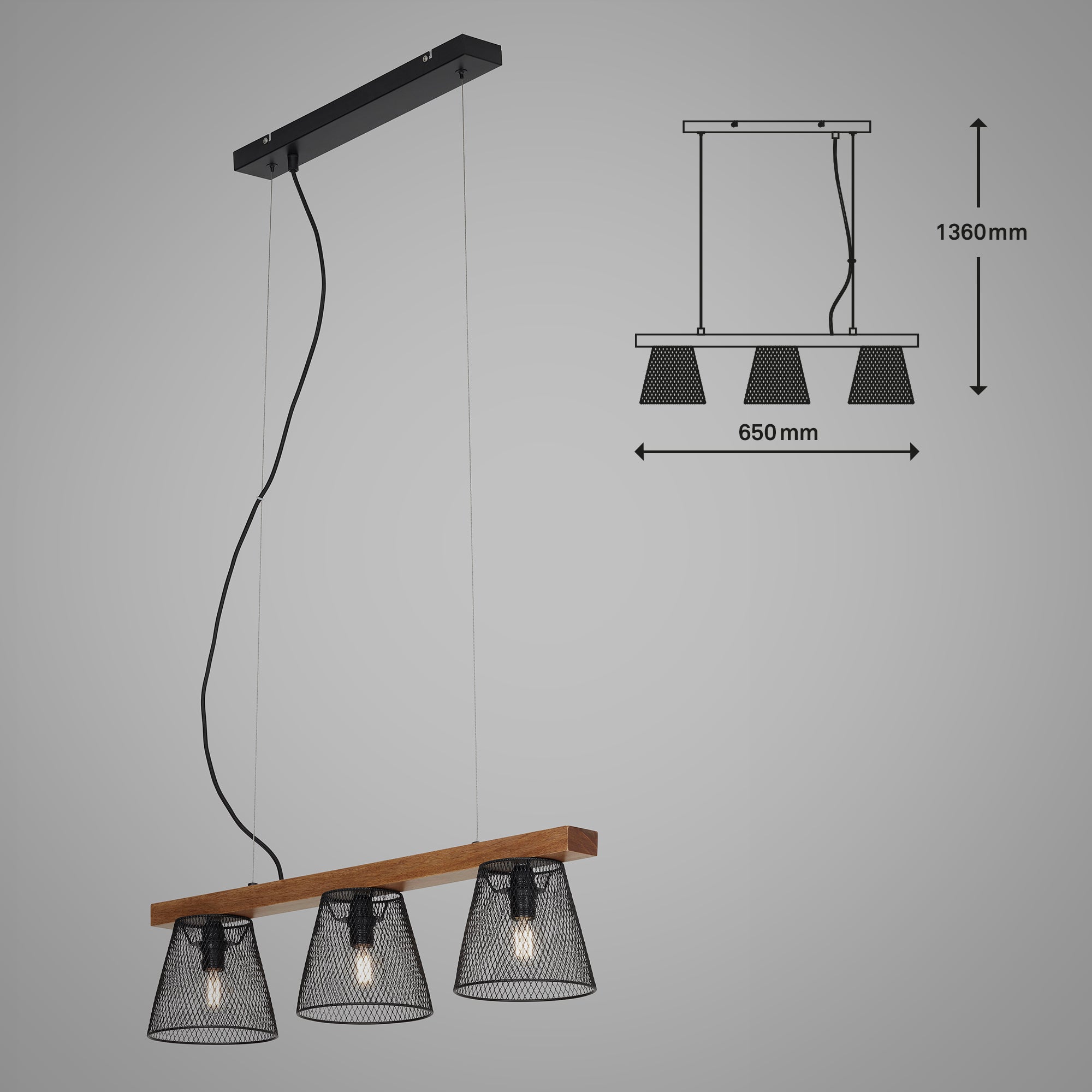 Lampe à suspendre BRILONER LEUCHTEN TAUNUS, 25 W, IP20, noir, métal-bois, excl. 3x E14, 65 x 15 x 136 cm - 5