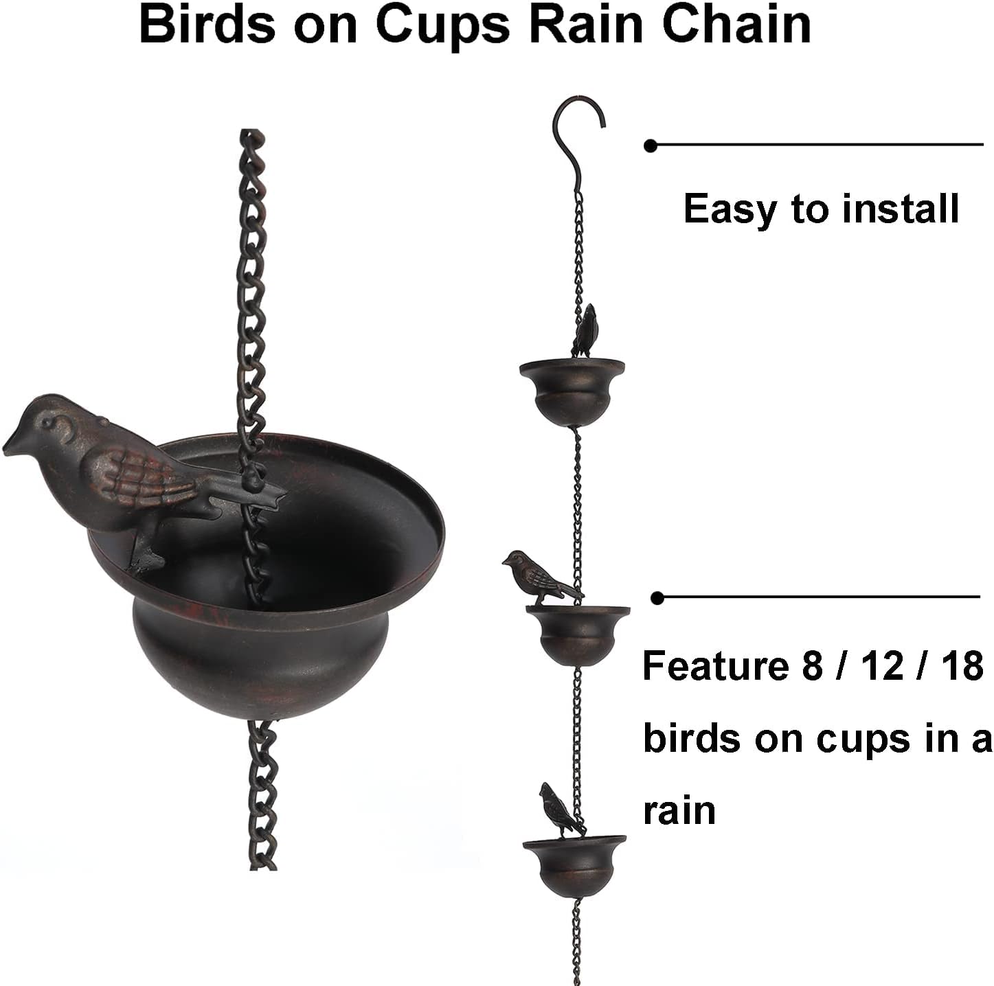 Chaîne de pluie mobile pour gouttières, 5,5 pieds, motif oiseaux, avec support intégré, bronze foncé - 2