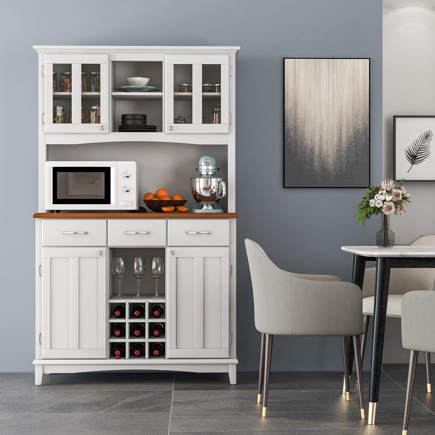Credenza Alta KOMFOTTEU Cucina 112x43x184 Cm Bianco | Armadio Dispensa Con 3 Cassetti, 4 Ante E Portabottiglie
