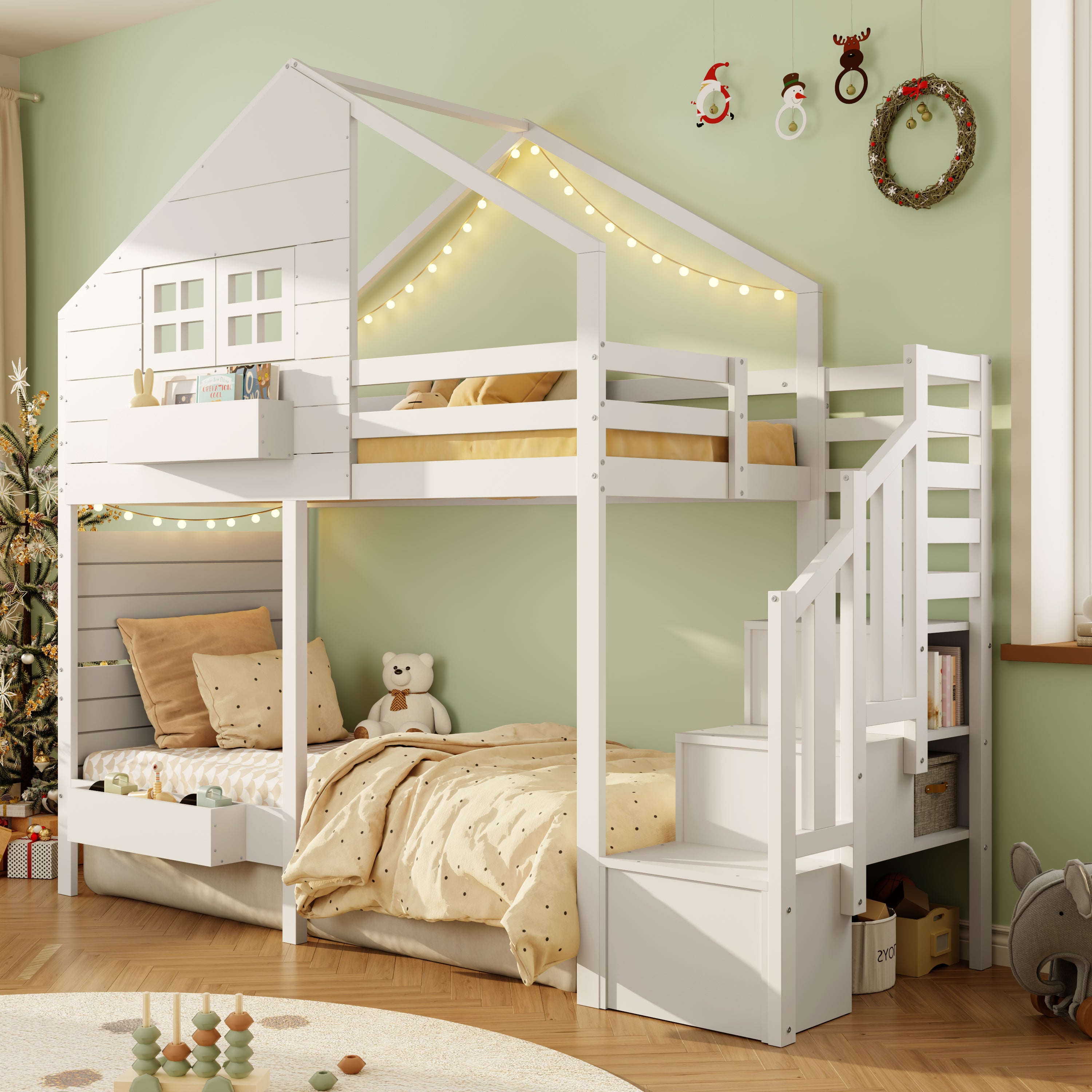Łóżko piętrowe dla dzieci 90x200cm - Z drabinką - Półki z haczykami - Z okienkiem - Drewno lite + MDF - Białe