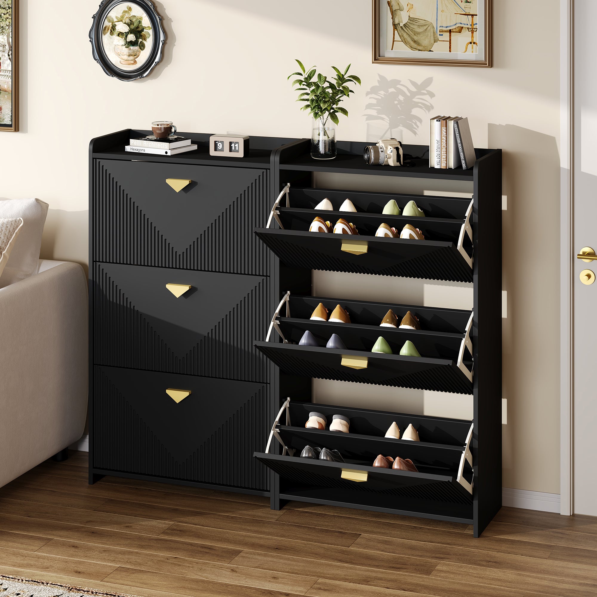 Zestaw 2 szafek na buty 70x30x120 cm - 6 drzwiczek opuszczanych - 12 przegródek - regulowane półki - płyta MDF - kolor czarny