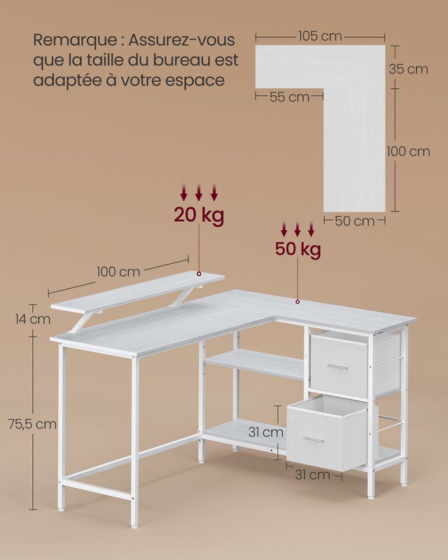 Bureau d'Ordinateur en Forme de L, Bureau d'Angle, 2 Tiroirs Spacieux, Support de Moniteur, Étagère Réglable, Blanc Érable - 5