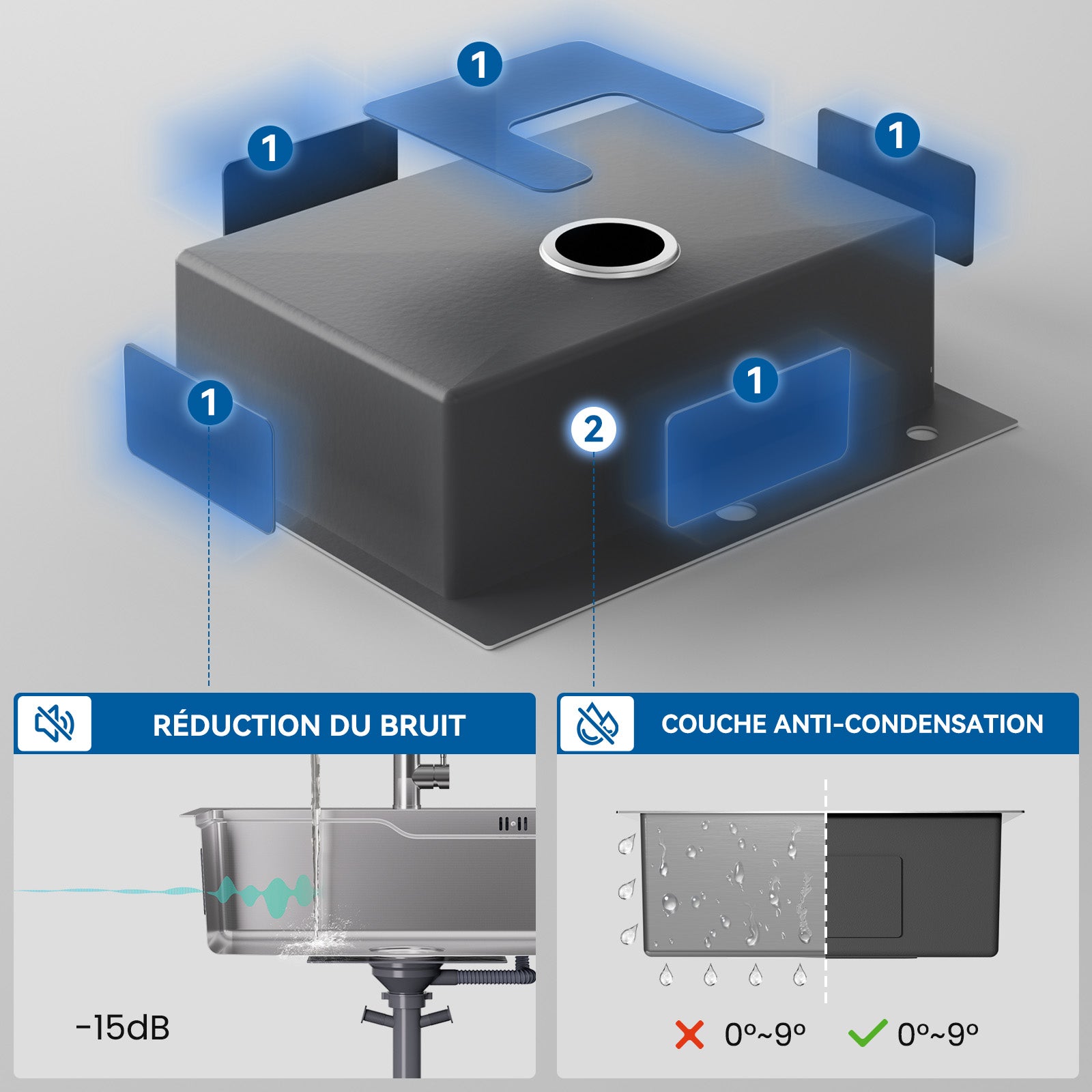 Auralum max 68×48x21CM Évier 1 Bac - Argent Évier Inox avec Vasque + Distributeur de Savon - Gaufrage de Surface + Nano Traitement - 8