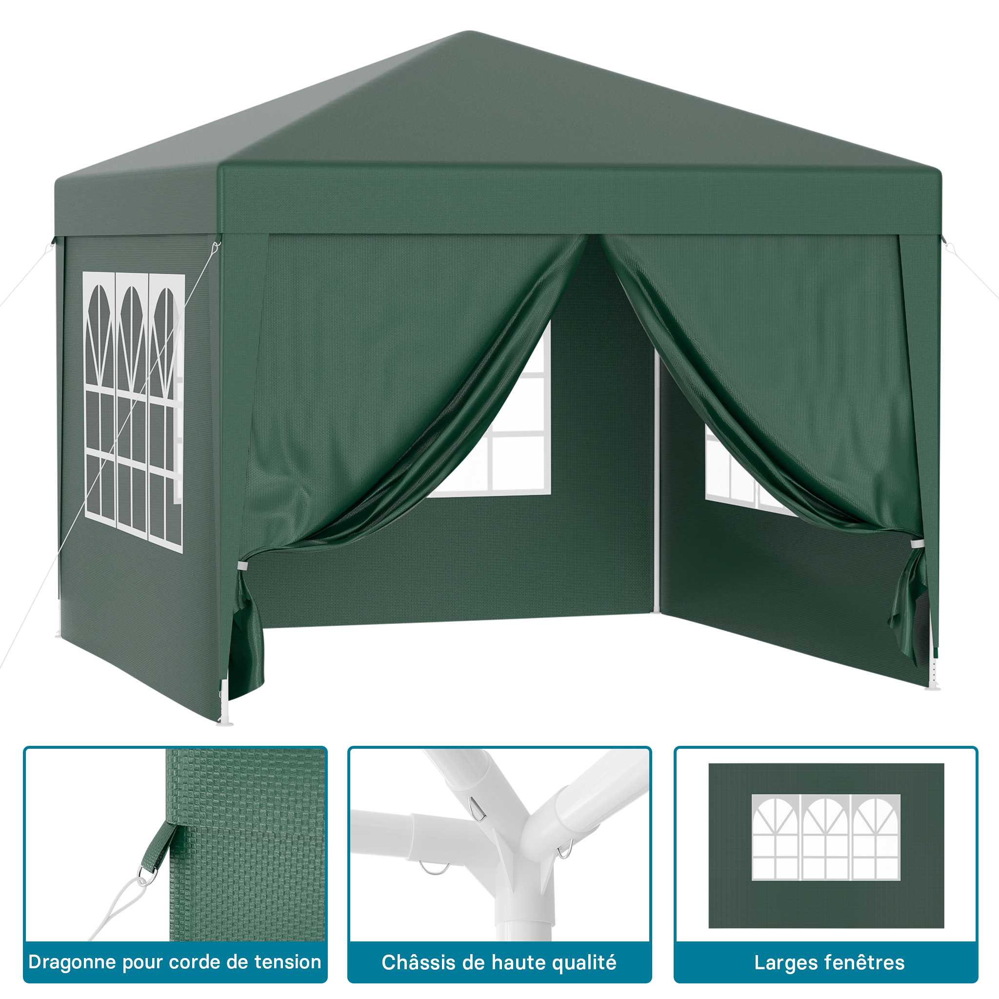 Pavillon 3 x 3 m en vert avec protection UV 50+, gazebo de jardin avec côtés amovibles, tente de réception avec fenêtres pour terrasses et… Wiltec - 5