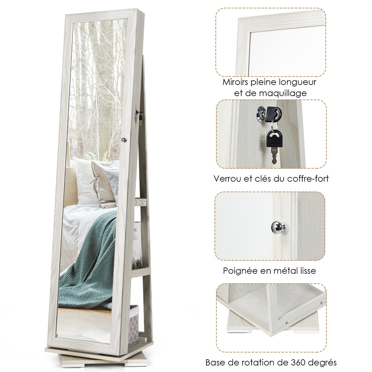 Armoire à Bijoux Pivotante à 360 Degrés sur Pieds,avec Grand Miroir Psyché et Etagère de Rangement à L’Arrière (Blanc) - 5