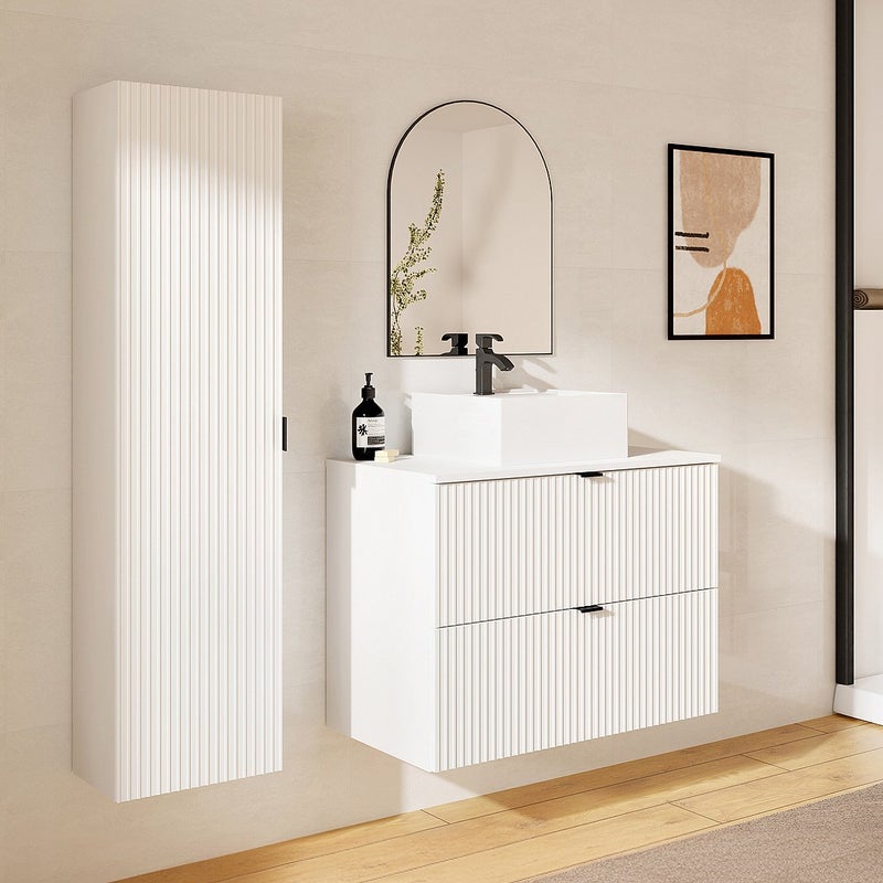 Szafka łazienkowa wisząca w paski z umywalką nablatową i słupek – biały matowy – 80 cm – ZEVINI