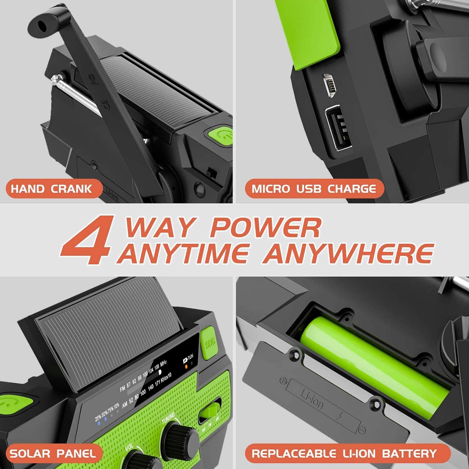 Rádio Solar AM/FM, Portátil, com Bateria Recarregável de 4000mAh, Lanterna LED Verde - 3