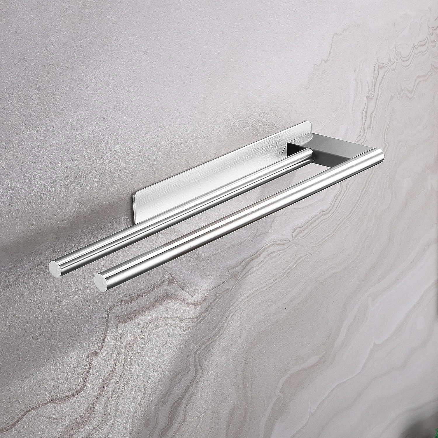 Porte-serviettes auto-adhésif en acier inoxydable, sans perçage, argent mat, porte-serviettes à deux bras, mural pour salle de bain - 4