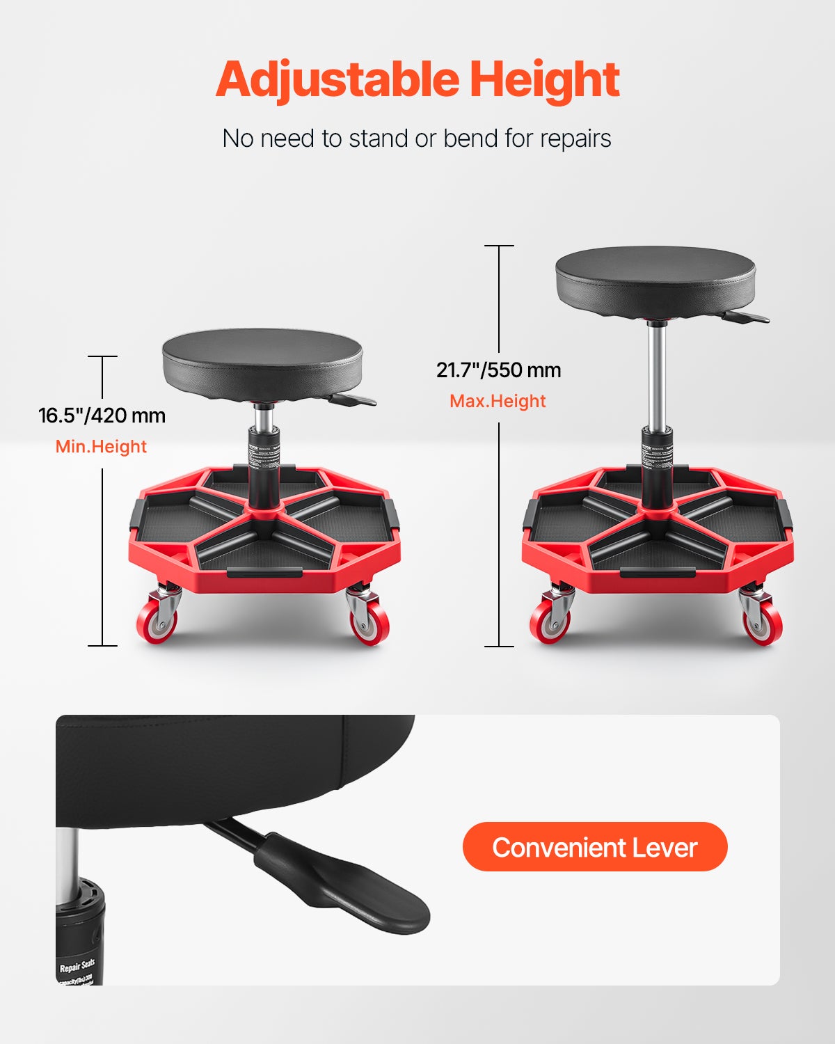 VEVOR Sgabello Mobile Per Riparazione Da Officina 64×33,5×39 Cm Carico