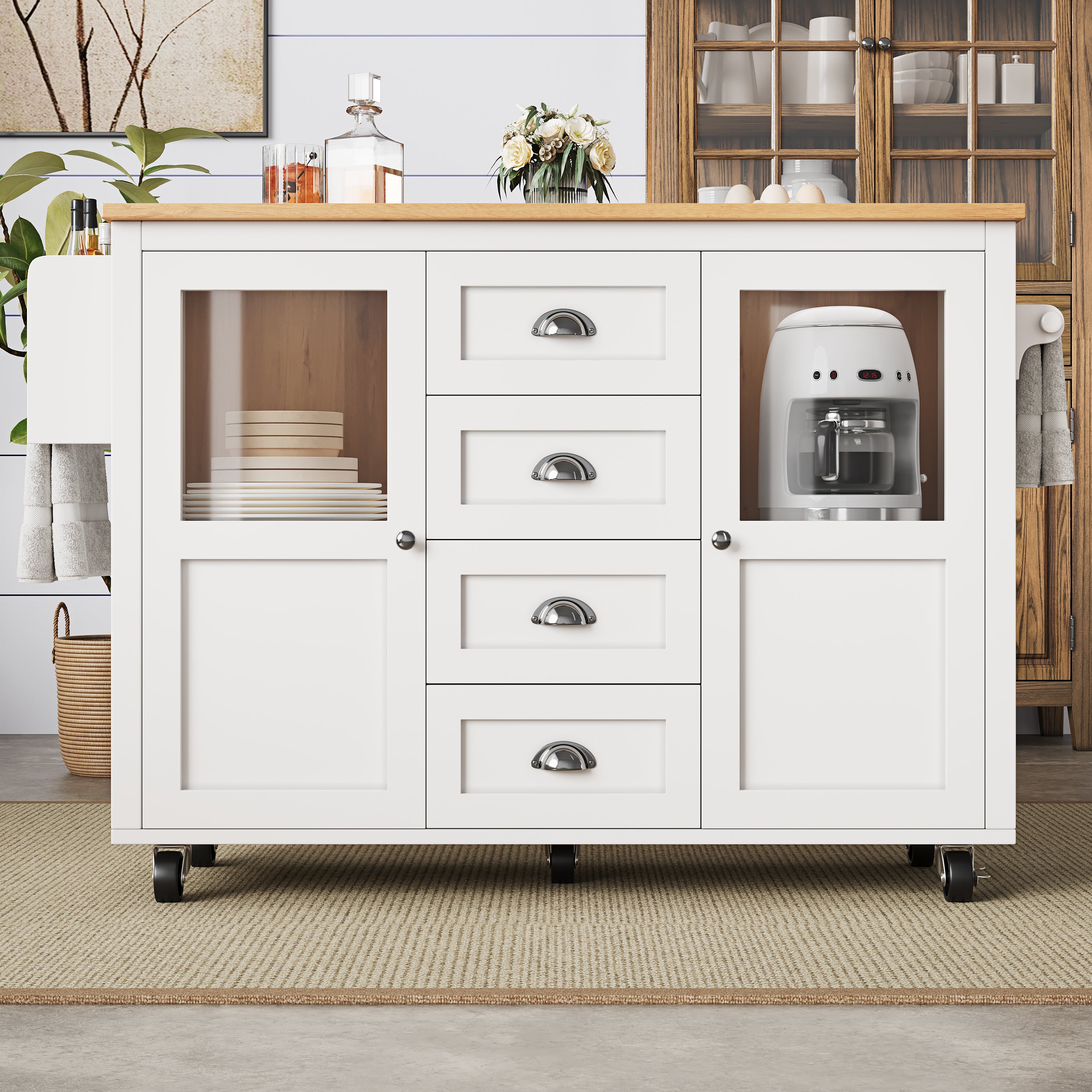 Mobilna wyspa kuchenna 137,9x73x92,5 cm - 4 szuflady i 2 drzwi - wysuwany blat - biała