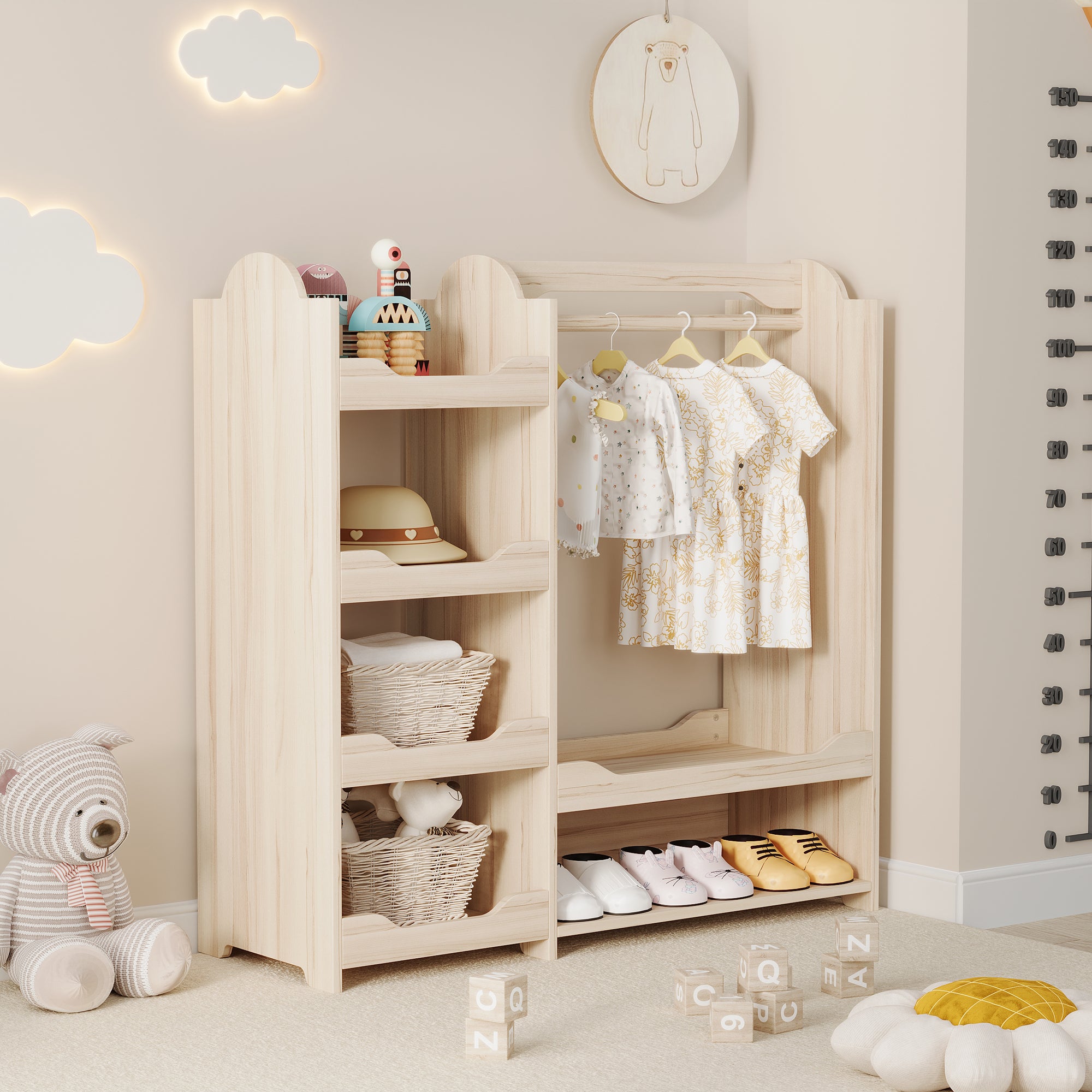 Szafa z drążkiem na ubrania i 4 półkami, drążek na wieszaki - 110 x 39 x 110 cm - MDF - do pokoju dziecięcego - Naturalna