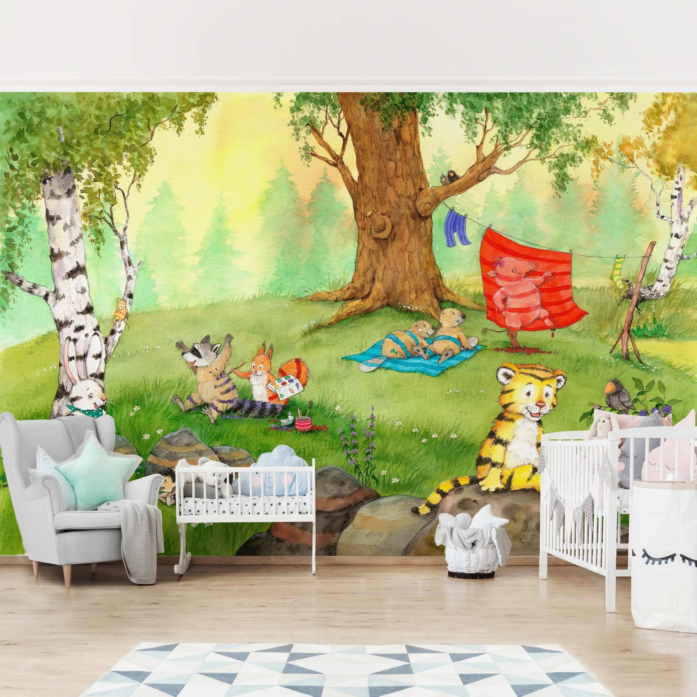 Papel pintado fotomural tigre animales bosque acuarela 64 - habitación infantil niño niña bebé - tnt 480 x 320 cm adhesivo