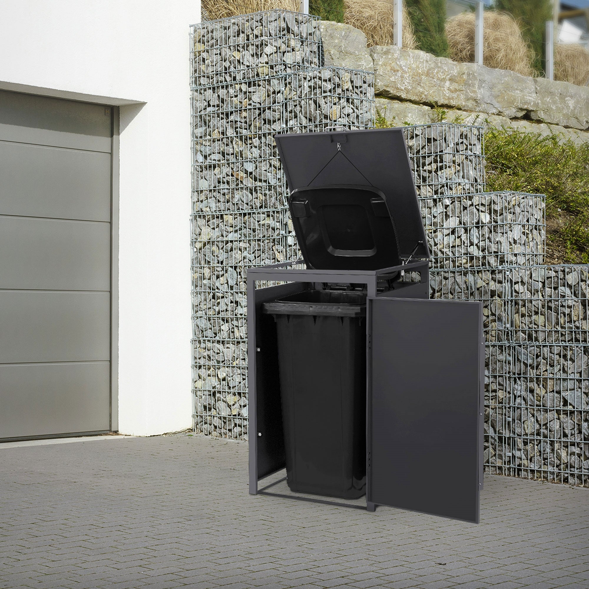 Abri Poubelle Extérieur - 68x80x120 Cm, Aspect Bois Anthracite, Acier, Pour Poubelle Jusqu'à 240L - Cache Visuel Jardin, Résistant Intempéries