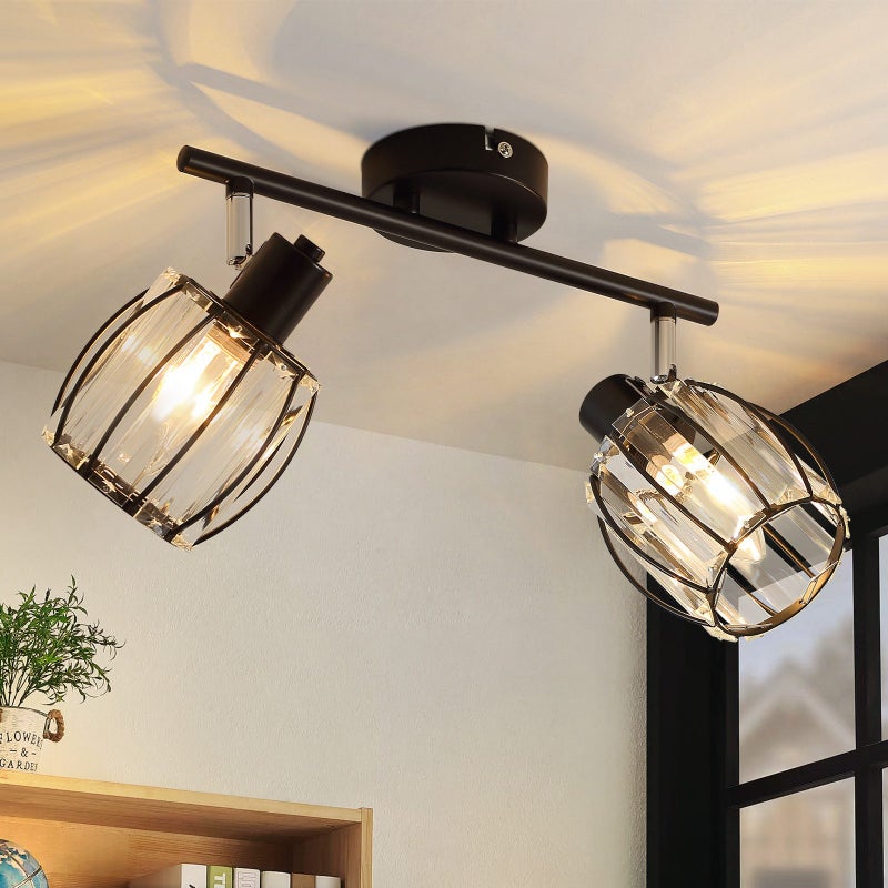 Nettlife Reflektorowa sufitowy 2-punktowy E14, kryształowy, czarny, obrotowy 350°, Lampa vintage do korytarza