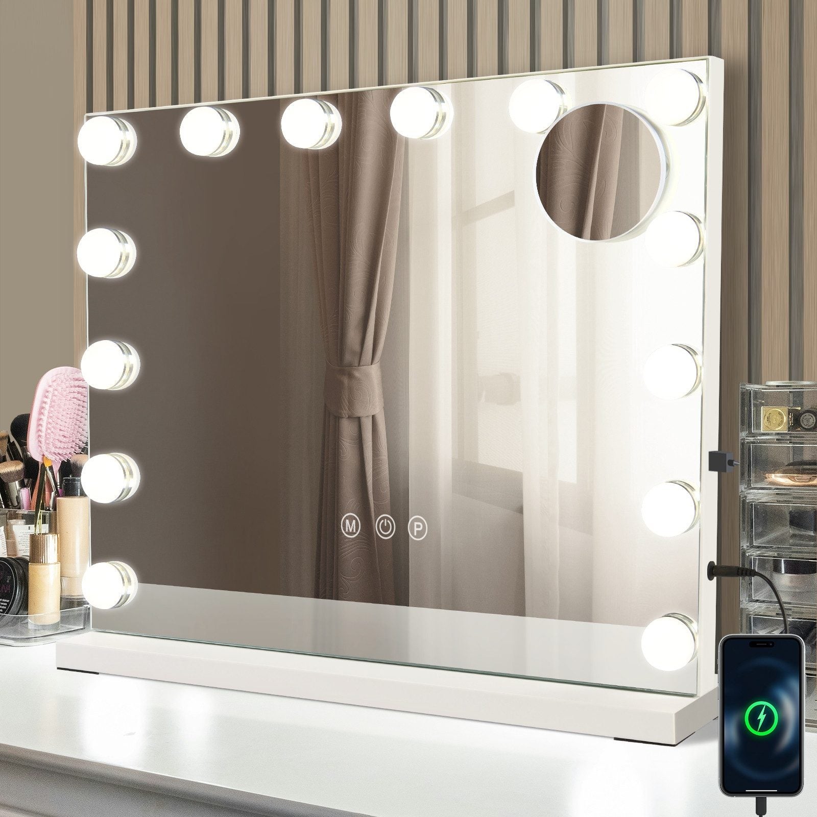 Nettlife Miroir de Maquillage Hollywood avec Éclairage LED - Miroir de Coiffeuse Grand Format 50x40cm avec 14 Ampoules, Port USB, Dimmable - 2