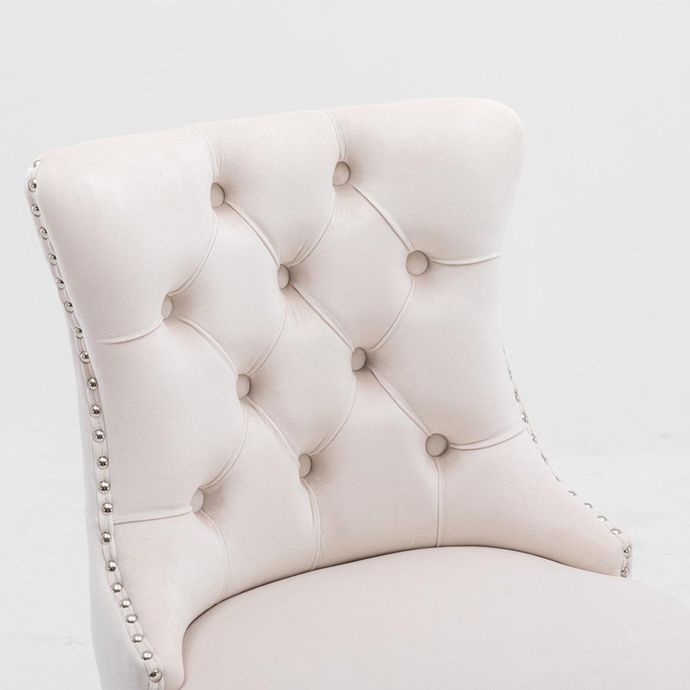 Ensemble de tabourets de bar avec détails rivetés et pieds en bois, garniture chromée à clous, velours, beige - 8