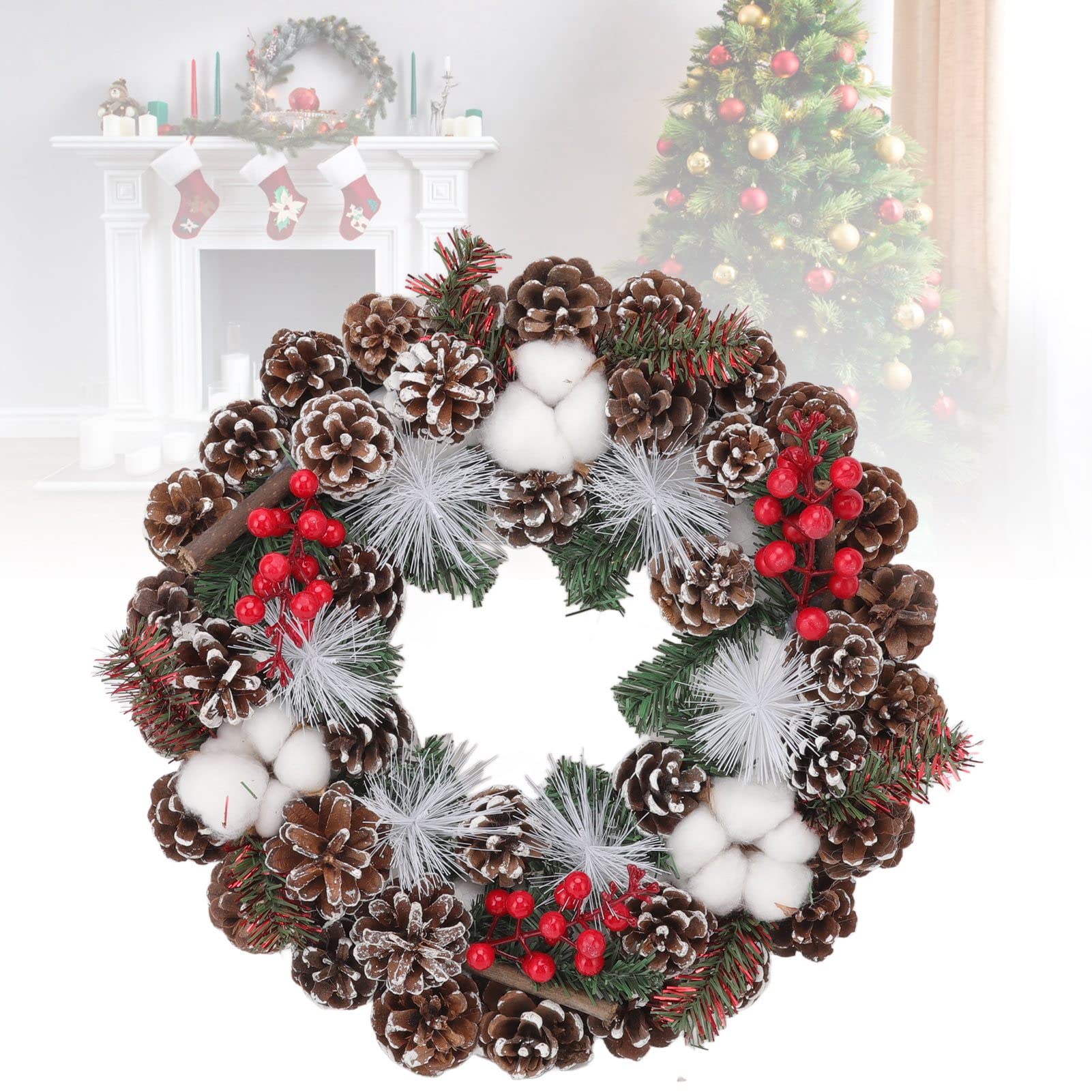 Couronne de Noël Couronne de Noël artificielle de 13,7 pouces décorée de pommes de pin et de coton pour décorations de vacances intérieures et e - 3