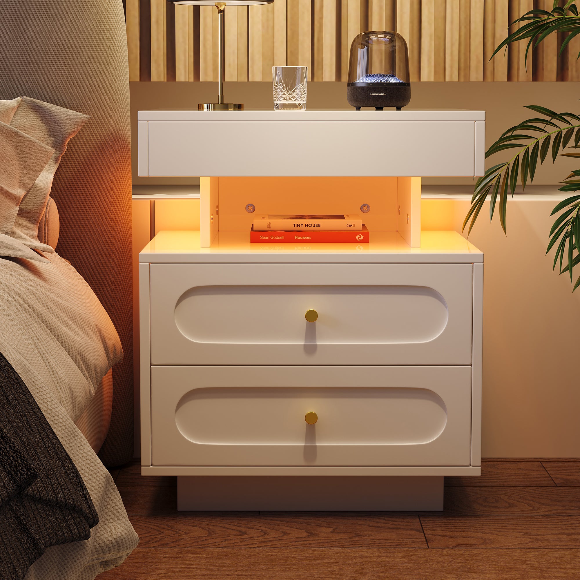 HOMMPA Comodino Con Luci LED E Stazione Di Ricarica, 2 Cassetti E Ripiano, Finitura Lucida Bianco Marmo, Per Camera Da Letto - 3