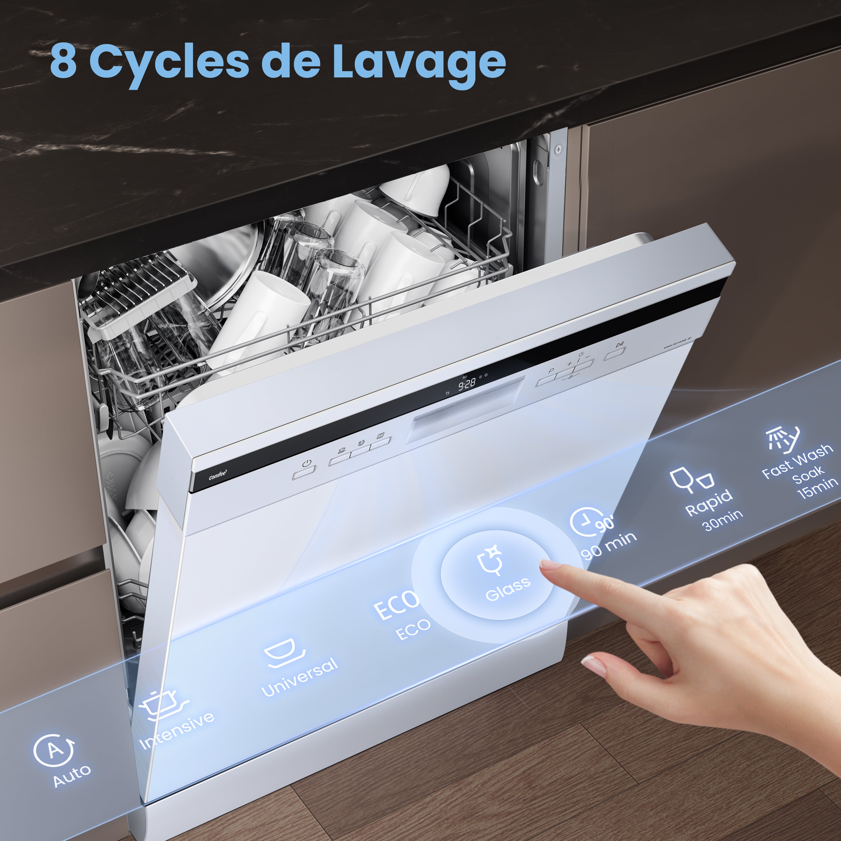 COMFEE Lave-Vaisselle Pose Libre 14 couverts, 8 Programmes de Lavage, 44 dB(A) Départ Différé, Demi-Charge, Blanc [Energy Classe C] - 4