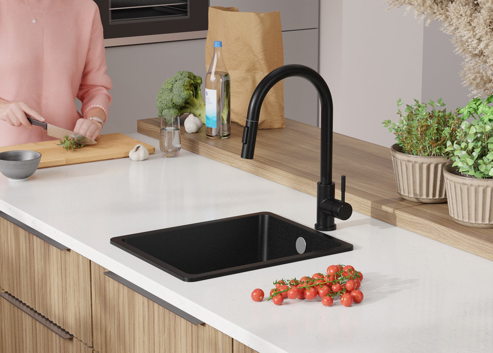 Lavandino da Cucina Nero 36x44cm, Lavello in Granito a 1 vasca + Sifone Classico + Accessori, Lavabo da Cucina Incasso al mobile 40cm PRIMAGRAN - 9