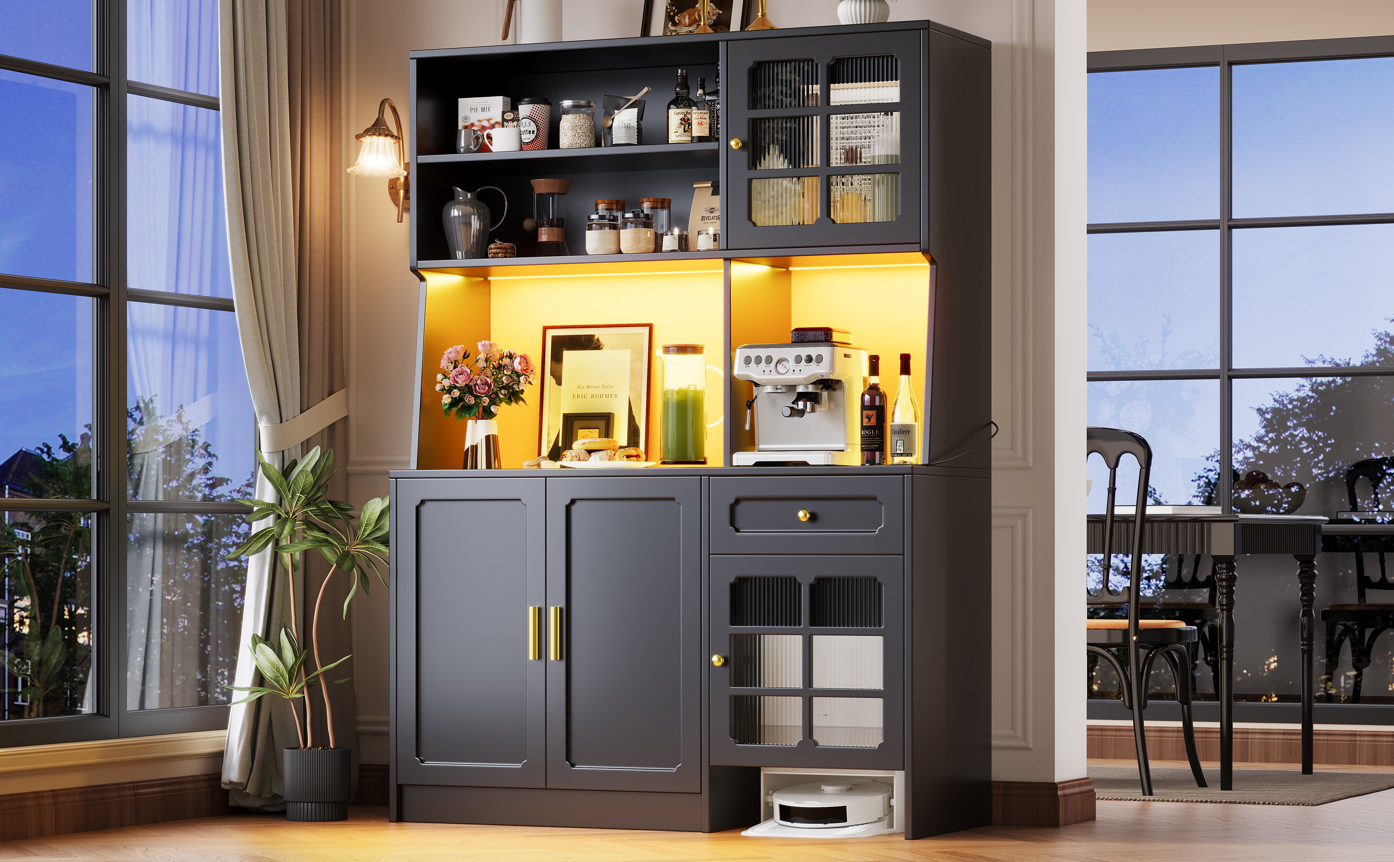 Buffet de cuisine avec 4 portes et 1 tiroir, vitrine - 130 x 45 x 180 cm - LEDs - MDF et verre - Noir - 4