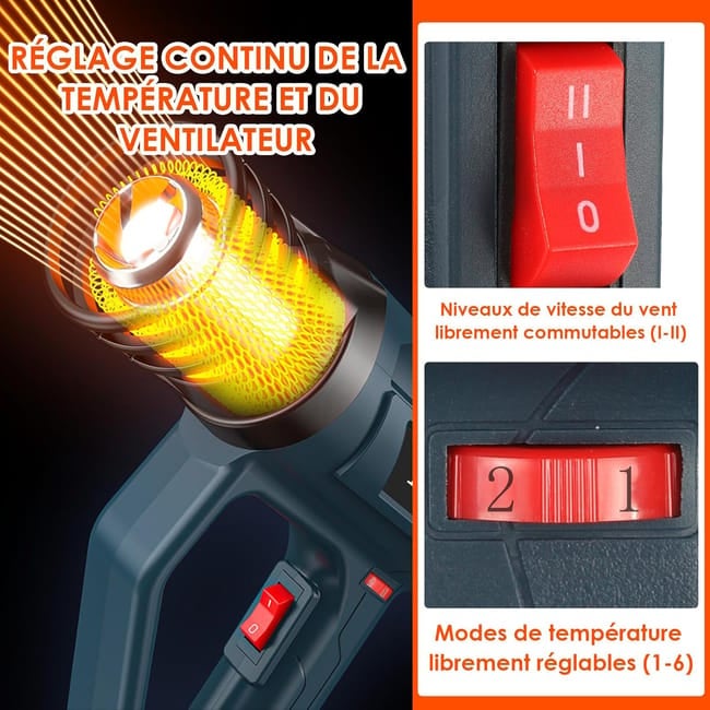 Pistolet à air chaud professionnel 2500 W - Contrôle précis de la température (50-600 °C) - 2 vitesses - Écran LCD - 4 embouts - 6