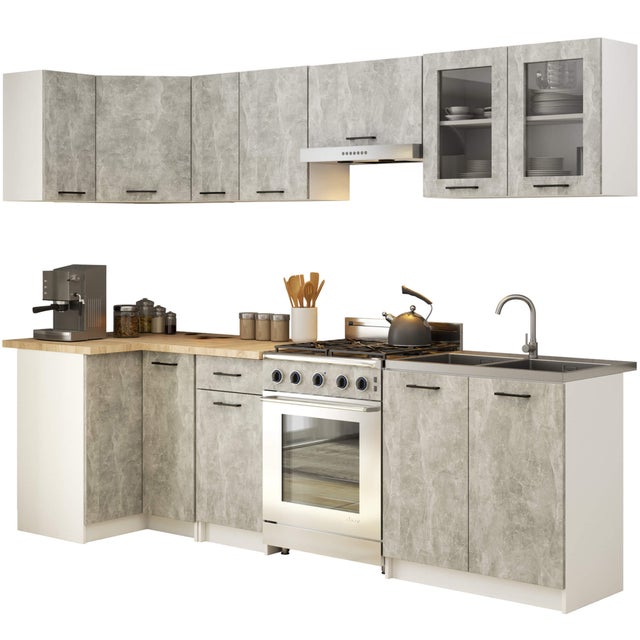 Ensemble de cuisine vitré AKORD OLIWIA 3.0m Blanc 300 cm 11 portes 1 tiroir façade Béton 300x46x203 cm