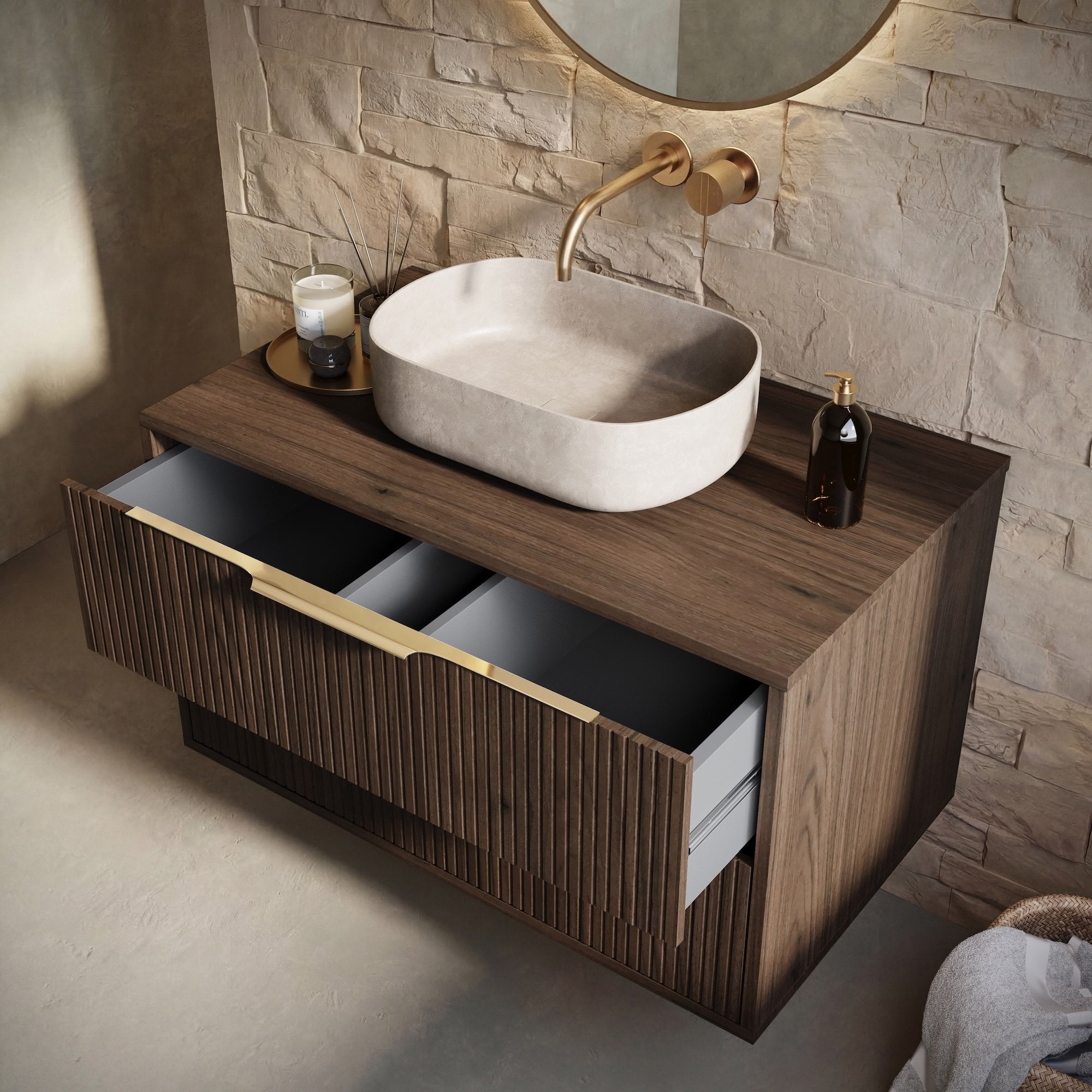 Meuble sous-vasque Rimini 80 cm - Noyer brun - Meuble de salle de bain avec tiroirs - 4