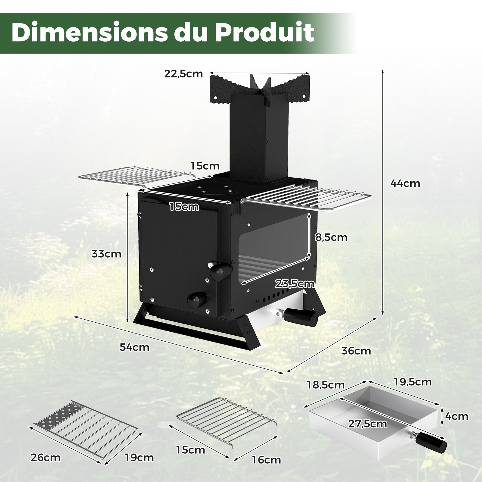 Mini Poêle à Bois Portable avec 2 Grilles, Mini-brûleur Réchaud à Bois avec Vitre pour Camping, Pique-nique, Pêche et Barbecue, 54 x 36 x 44 cm - 3