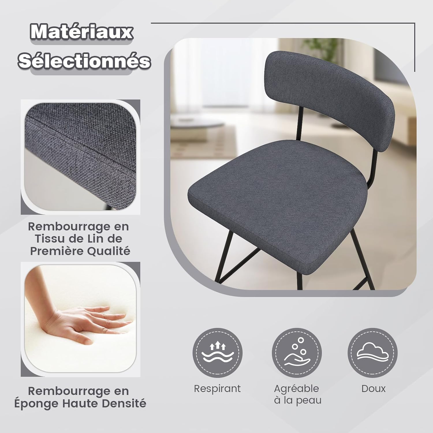 2-częściowy zestaw obrotowych stołków barowych z oparciem i podnóżkiem, wysokość siedziska 63,5 cm, krzesło kuchenne z metalową ramą (kolor szary) - 6