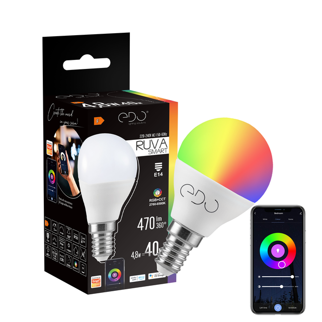 Żarówka RUVA Smart LED E14 kulka 4.8W WiFi RGB+CCT 2700K-6500K, 470lm EDO SOLUTIONS