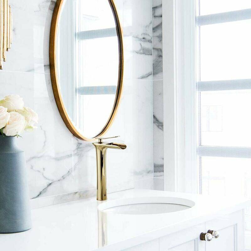Grifo mezclador para lavabo, grifo de cascada alto para lavabo de baño, dorado - 5