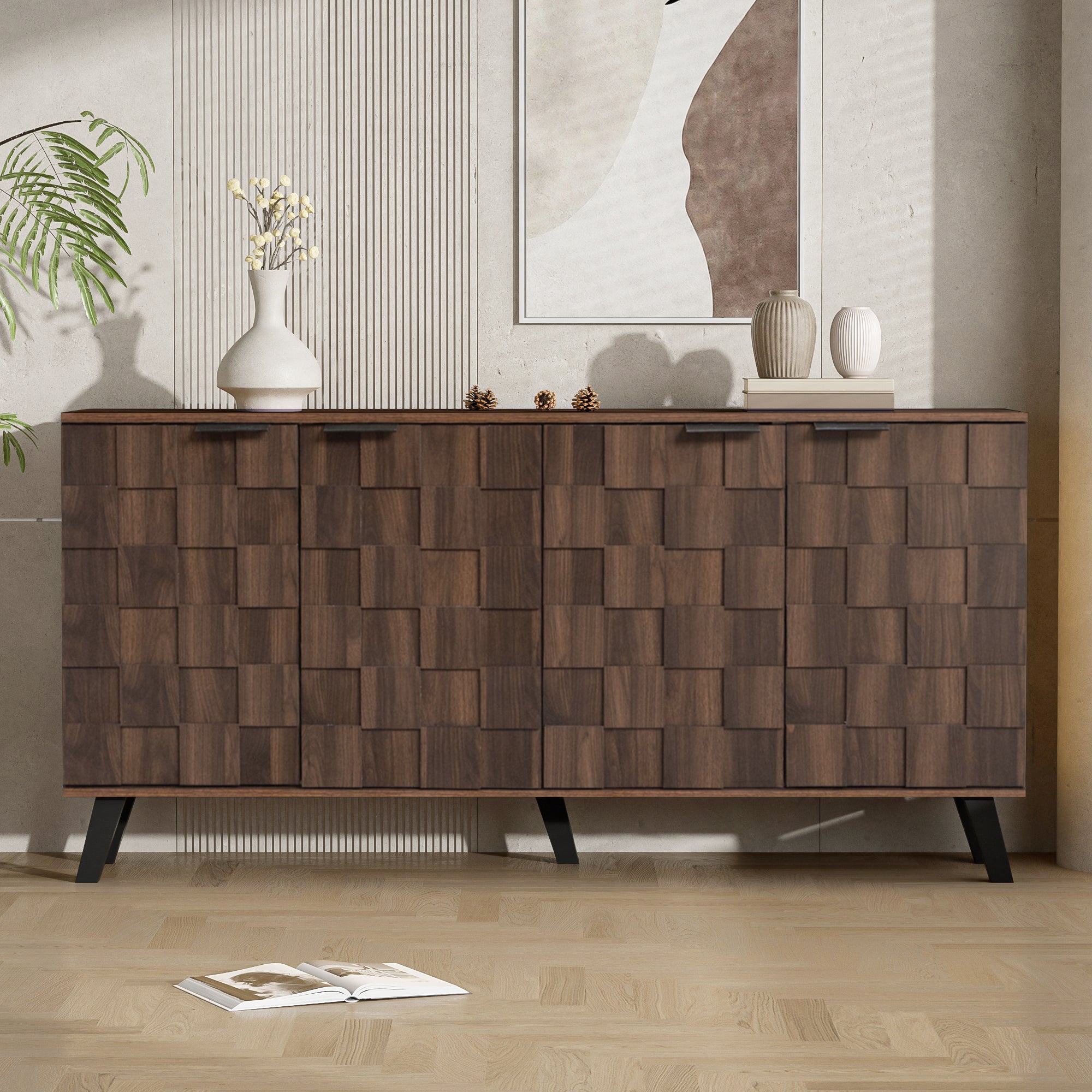 Nowoczesna komoda z 4 drzwiami - 160,5 x 35,5 x 78 cm - Do salonu, sypialni i jadalni - Płyta wiórowa - Kolor ciemnego drewna