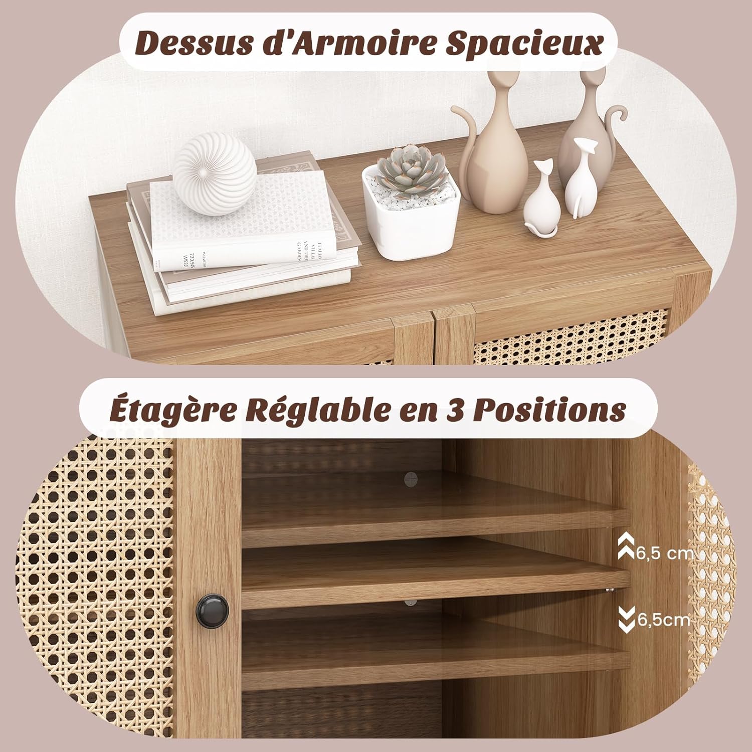 Armoire Cuisine 2 Étagères, Buffet 2 Portes Cannage, Étagère Réglable, Pieds Métal, Meuble Cuisine Rangement Bohème pour Salle à Manger, Naturel - 6
