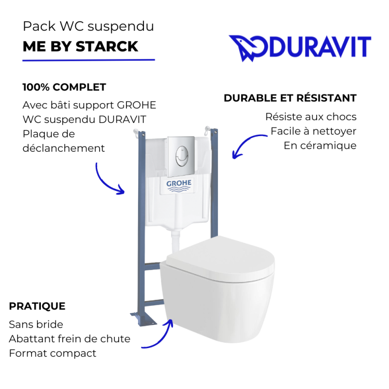 Pack WC suspendu sans bride compact DURAVIT Me by Starck + bâti support GROHE Rapid SL Projet + abattant + plaque blanc - 3