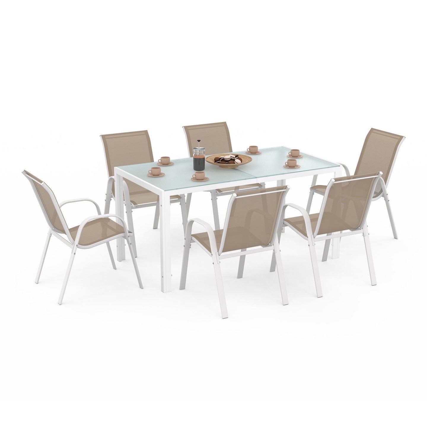 Salon de jardin MADRID table 150 CM et 6 chaises empilables blanc et beige - 2