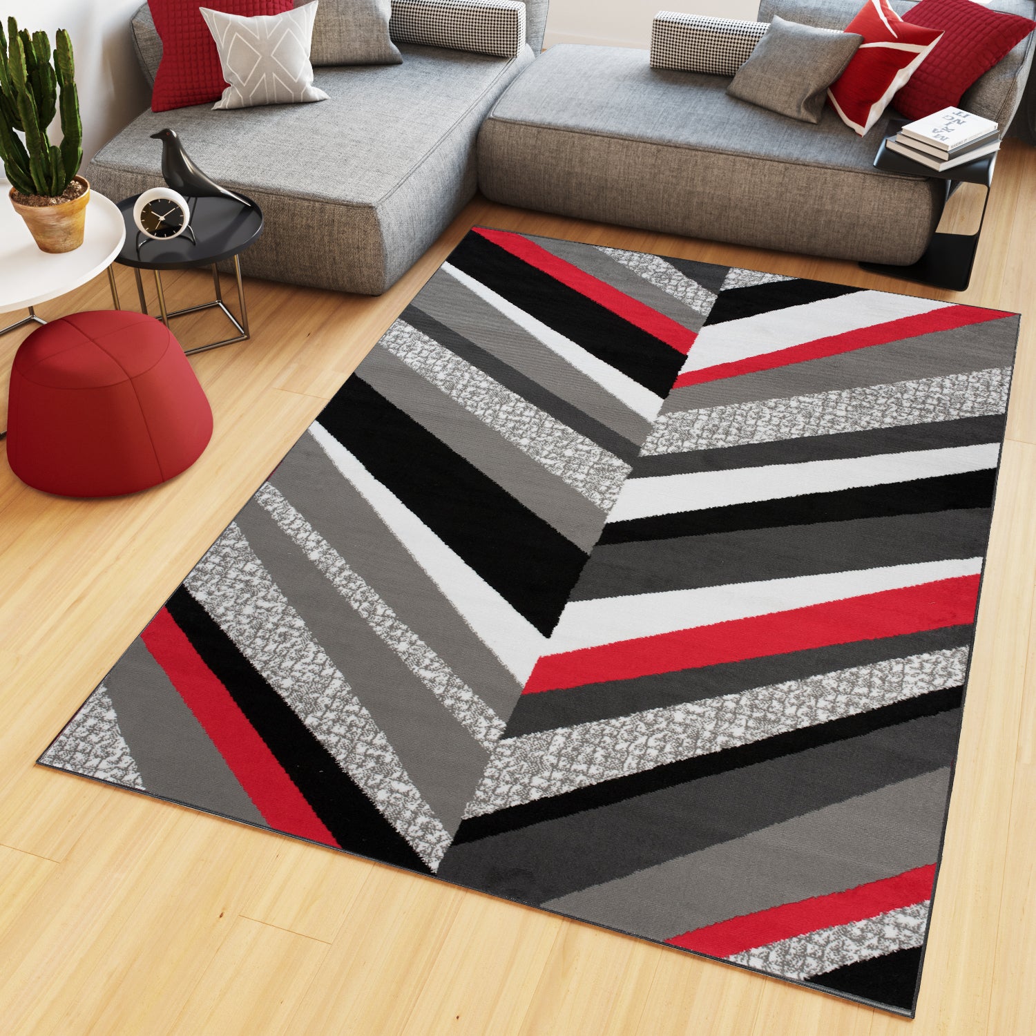 Tapiso maya alfombra de salón sala comedor diseño moderno rojo gris negro blanco geométrico rayas delgada 130 x 190 cm