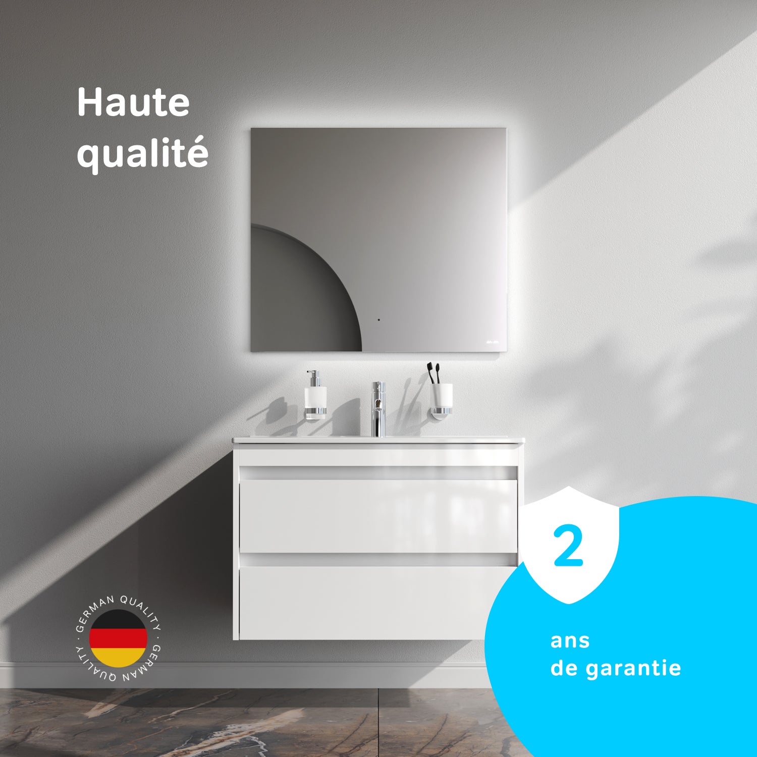 Meuble salle de bains suspendu 80 cm effet bois clair avec lavabo intégré, 2 tiroirs, design, Blanc Brillant – AM.PM - 9