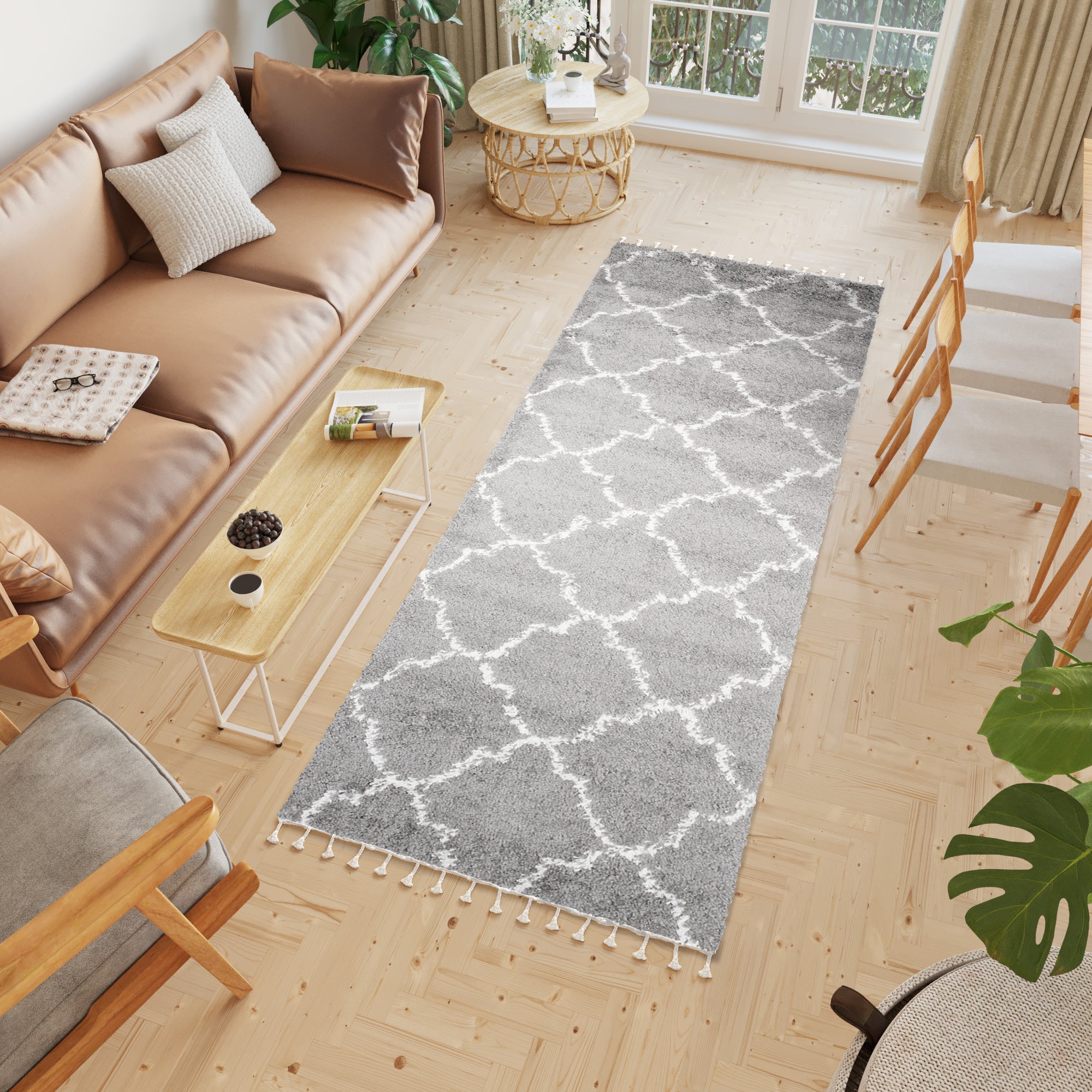 Tapiso boho alfombra de pasillo dormitorio gris crema trébol marroquí flecos suave shaggy 100 x 160 cm