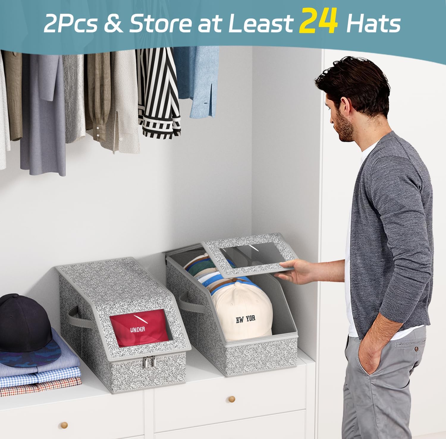Deux boîtes de rangement empilables pour casquettes de baseball, pouvant contenir jusqu'à 24 casquettes. En carton gris. - 2