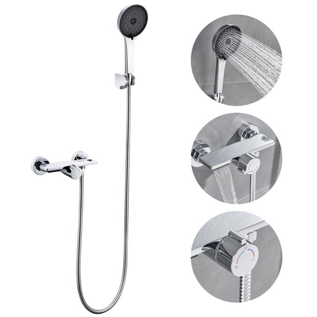 30 PCS Robinet de Baignoire Cascade,Mural Mitigeur de Baignoire avec Douchette de 5 modes,Robinet Mitigeur pour Salle Bains en Laiton,Chromé