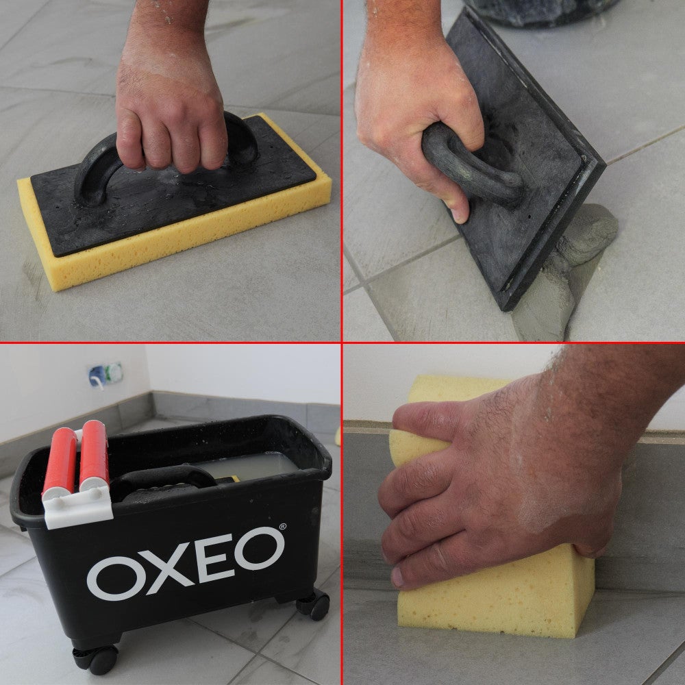 Kit de lavage spécial joints de carrelage pour carreleur - Bac 24L sur roulettes - Taloche éponge - Platoir à jointer - Éponge - 4