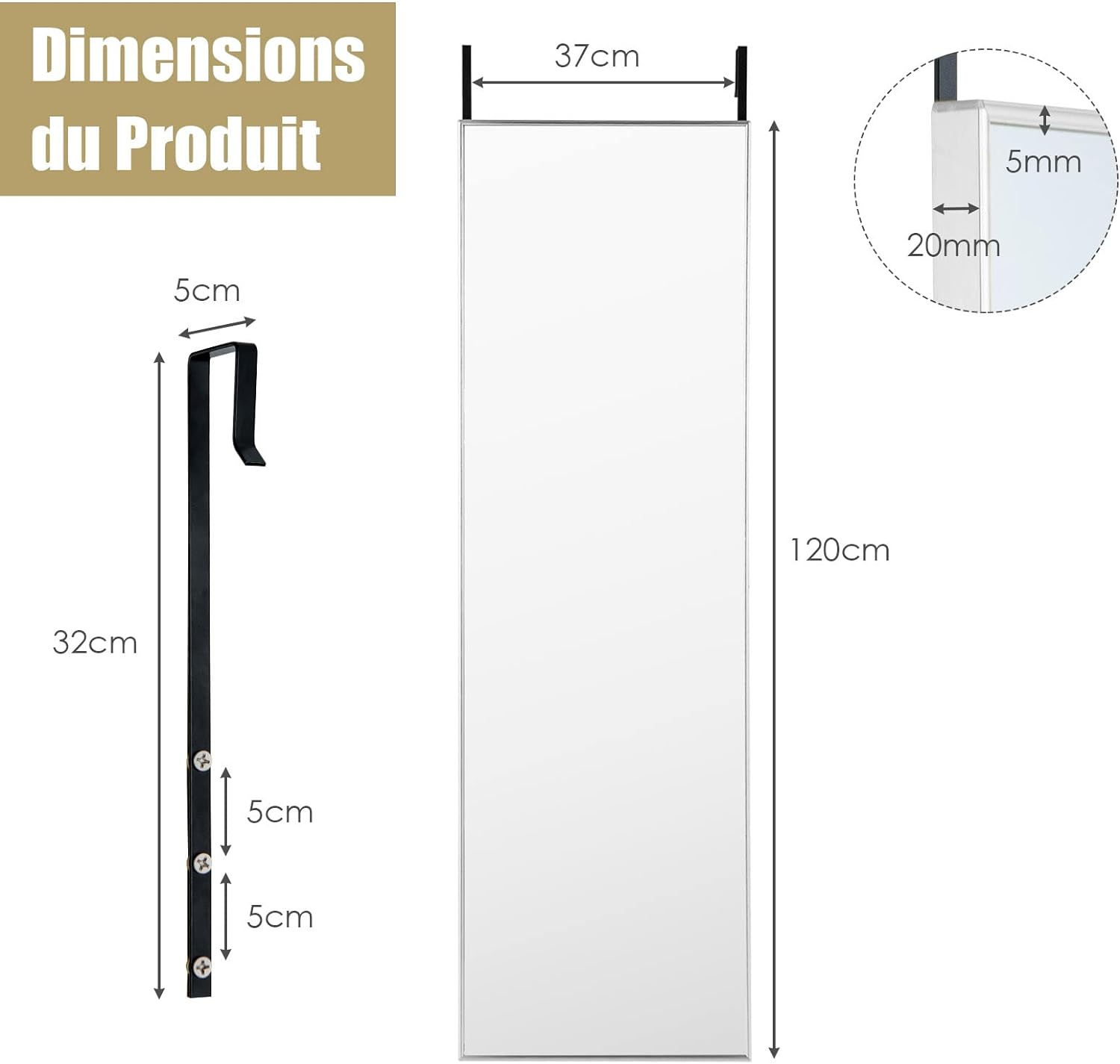 Lustro Ścienne o Wysokiej Rozdzielczości z Membraną Przeciwwybuchową, Lustro do Zawieszenia z Ramą Aluminiową i Regulowanym Haczykiem (Srebrne) - 5