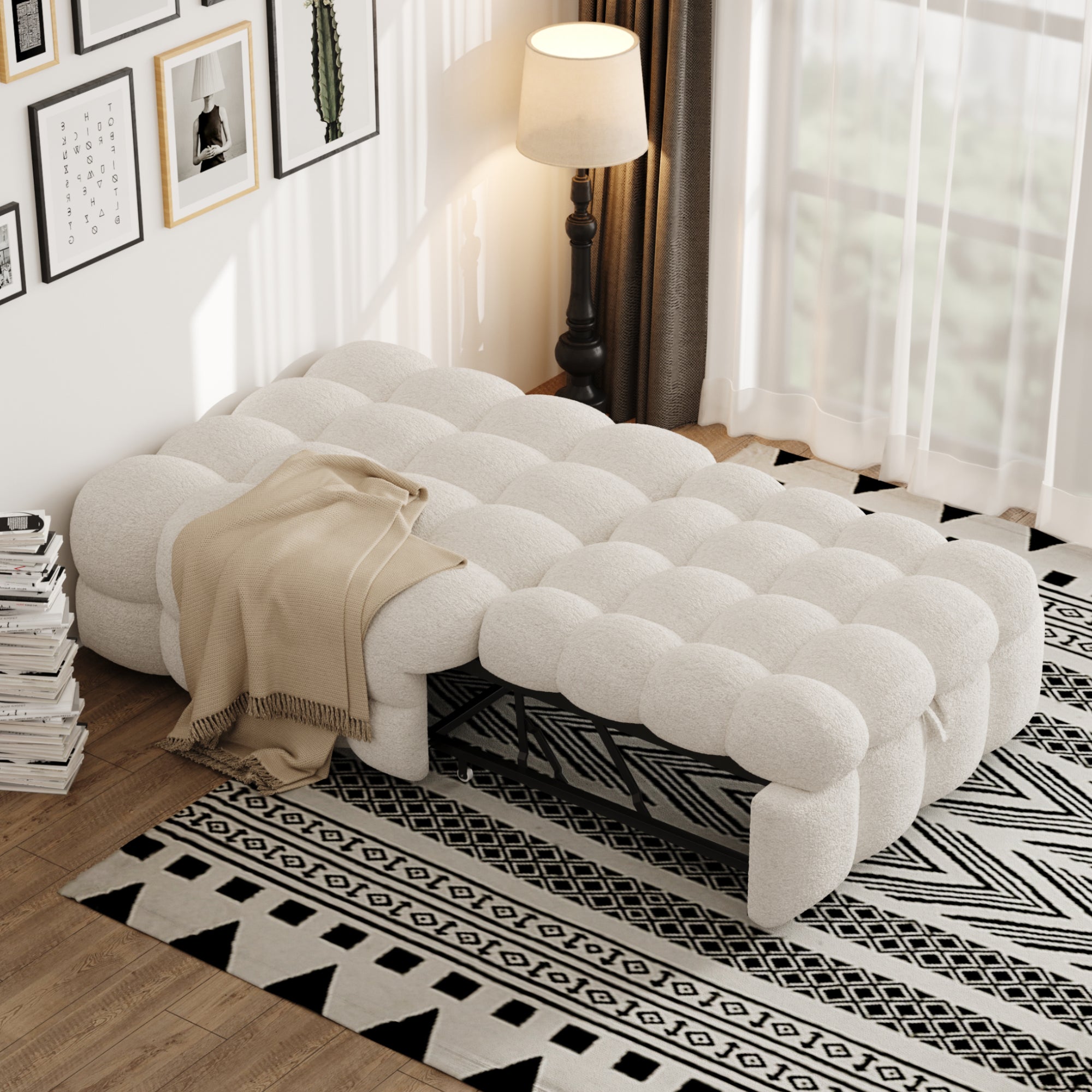 Canapé Convertible 1 Place, Fauteuil Relax avec Lit Extensible, En Velours Teddy et Métal, 183 x 76 x 42 cm, Beige - 3