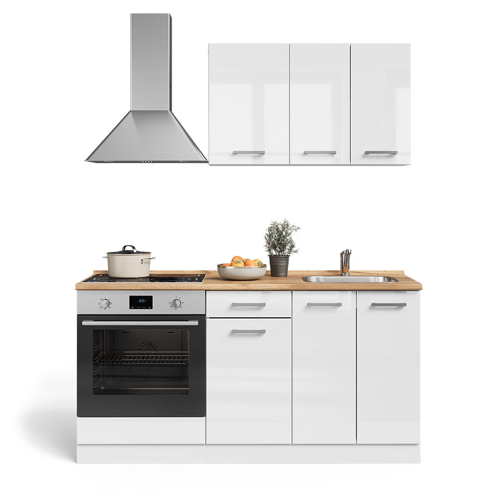 Vicco Pojedyncza kuchnia R-Line, Biały wysoki połysk/biały, 160 cm z szafką pod piekarnik i zlewem z BL - 6